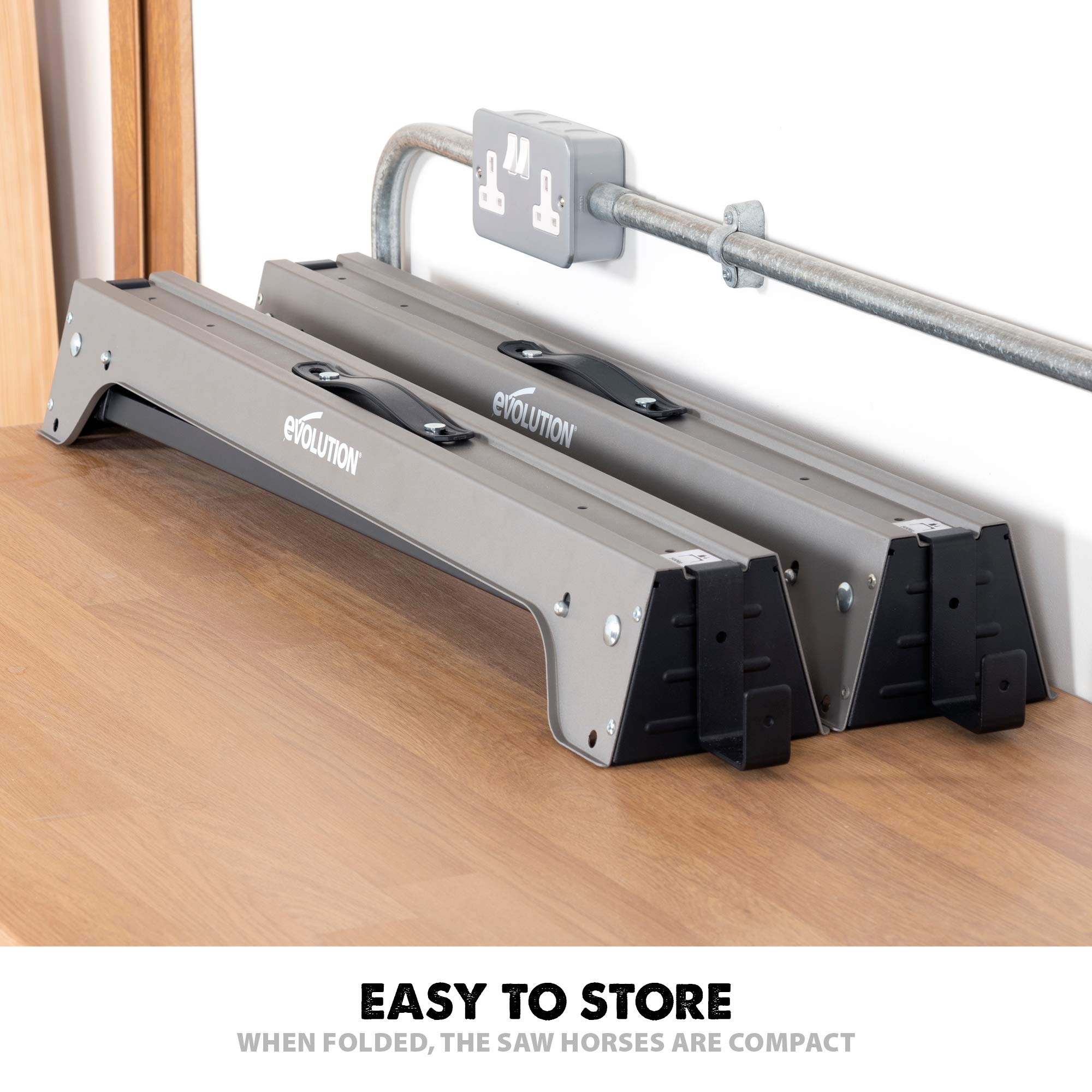 Evolution Power Tools EVOMS1 Mitre Saw Stand, Universal Compact Folding with Extending Support Arms, Fits Evolution, Makita, DeWalt, Bosch, Ryobi, Einhell and Metabo, Supports 150kg Weight & 3m Length