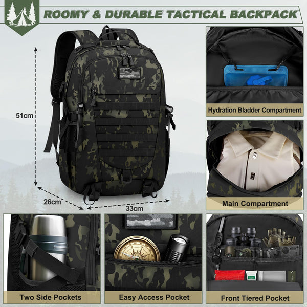 RAINSMORE Military Tactical Backpack Large Hiking Camping Rucksack 40L Water Resistant Molle Hunting Trekking Rucksack Black