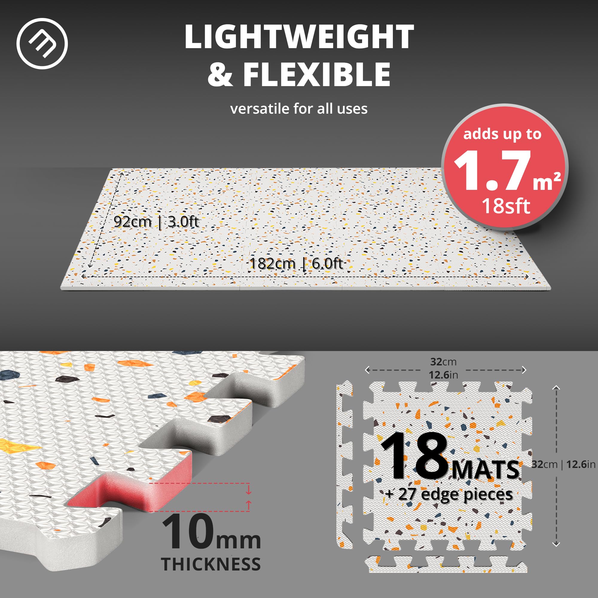 Interlocking Soft Foam Floor Mat - 18 Pieces Protective Gym Flooring Set, Exercise Mats EVA Puzzle Rubber Tiles, Ground Surface Protection Workout Underlay Matting Sports Pool Home Fitness Garage