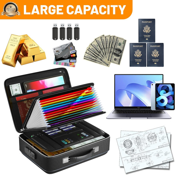 Fireproof Document Box with Combination Lock, Water Resistant Hard Case Safe for Documents Certificates Laptop Passports (Black)