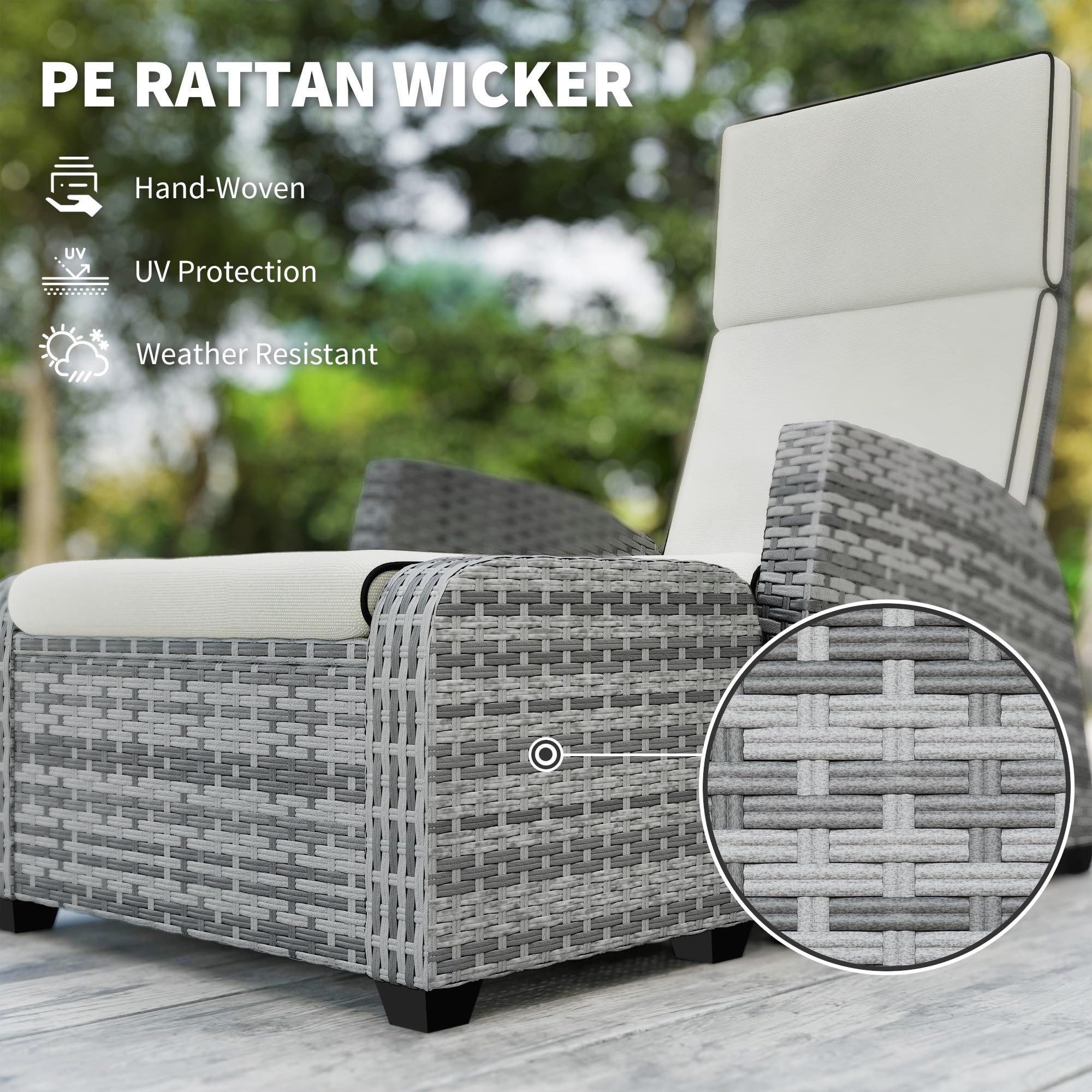 Outsunny 5 Piece Rattan Garden Furniture Set, Garden Reclining Rattan Chairs Set of 2 with Wood-Plastic Composite Table, Footstools and Thick Cushions for Balcony, Patio, Charcoal Grey