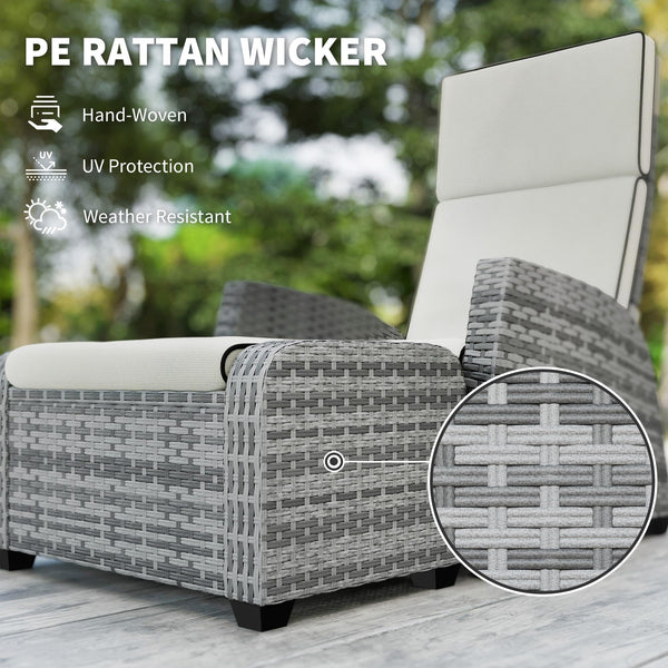 Outsunny 5 Piece Rattan Garden Furniture Set, Garden Reclining Rattan Chairs Set of 2 with Wood-Plastic Composite Table, Footstools and Thick Cushions for Balcony, Patio, Charcoal Grey