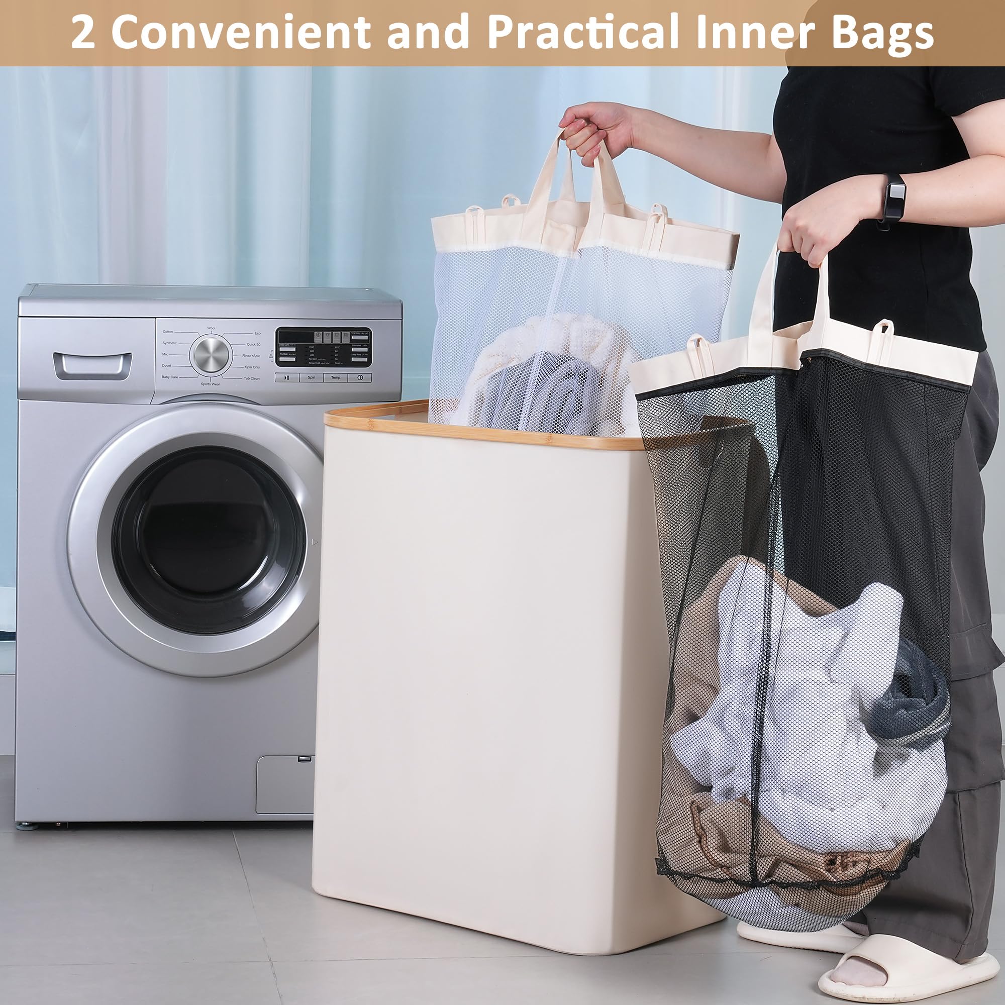 iEGrow Washing Basket for Laundry 150L XLExtra Large 2 Compartments Laundry Basket with Bamboo Handle and Lid, Dirty Clothes Storage Folable Laundry