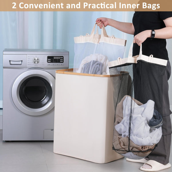 iEGrow Washing Basket for Laundry 150L XLExtra Large 2 Compartments Laundry Basket with Bamboo Handle and Lid, Dirty Clothes Storage Folable Laundry