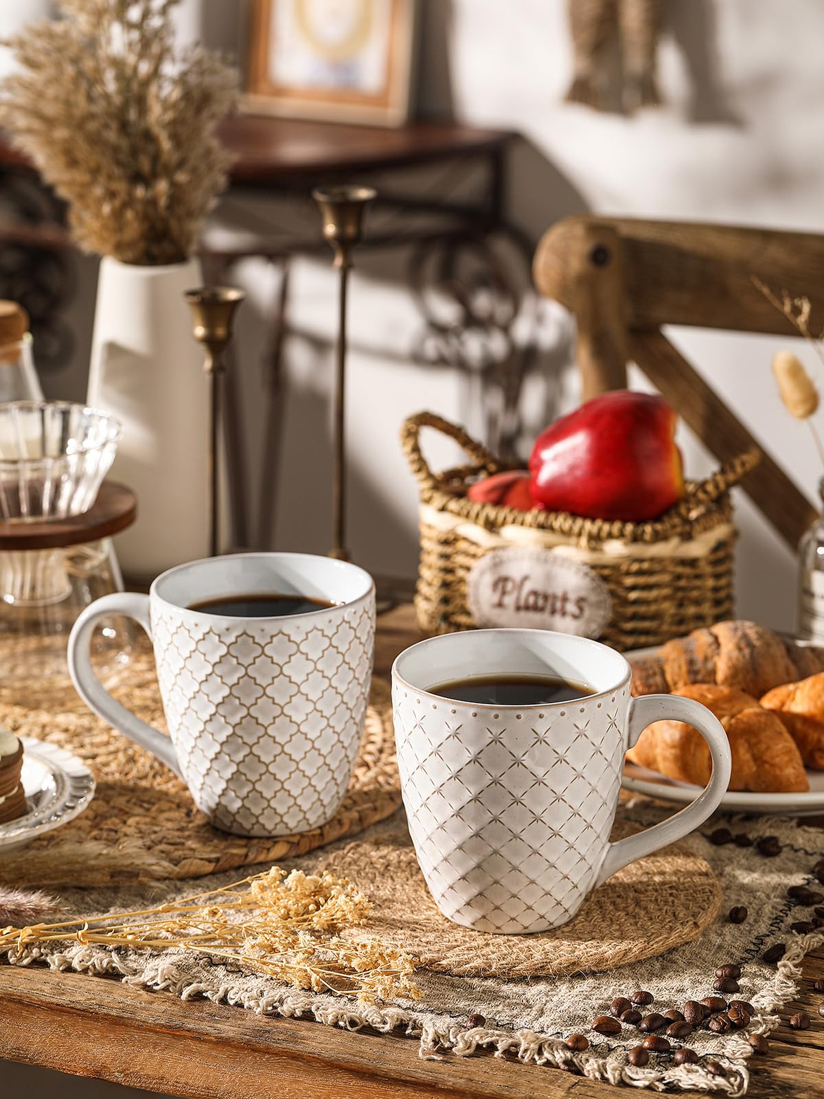 DOWAN Coffee Mugs Set of 6-19 oz Large Mug - Ceramic Embossment Stoneware Tea Cups with Handle for Hot Chocolate - Handcrafted Mug Gift Set for Men