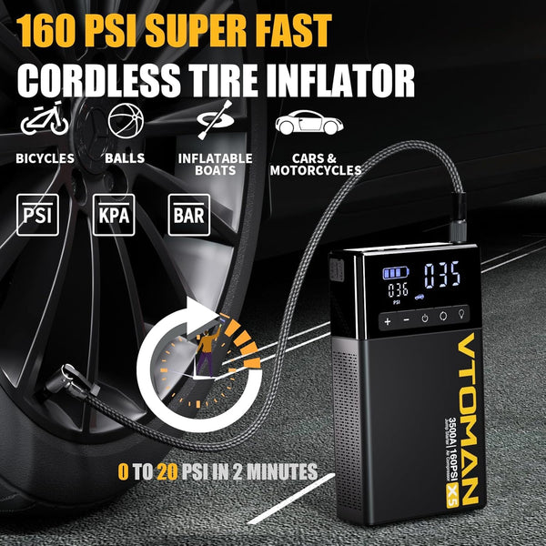 VTOMAN X1 Jump Starter Power pack with Air Compressor 2500A, Portable Car Battery Booster Jump Starter (Up to 8.5L Gas/6.0L Diesel Engines) Jump Pack with 150PSI Digital Tire Inflator