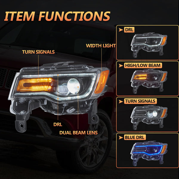 VLAND Full LED Headlights compatible with Grand Cherokee WK2 2014-2021,w/Startup dynamic display & Sequential Indicator, For Right hand drive - Black Housing