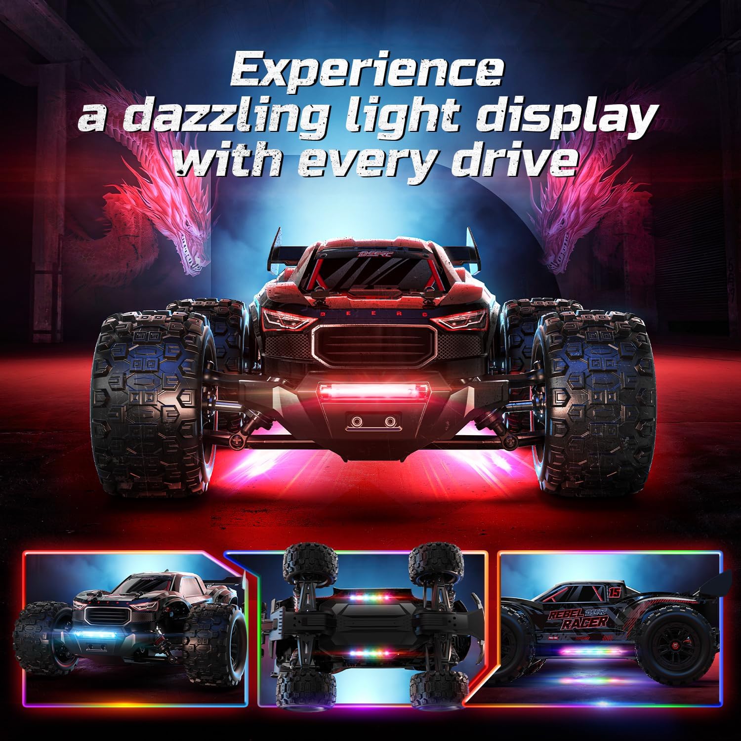 DEERC 1:14 Fast Brushless RC Car for Adults, Max 46+ mph Off-Road Truck, 2 * 3S Lipo 4WD Waterproof, 7 Lighting Modes High Speed Remote Control, All Terrain Truggy for Snow, Sand & Mud
