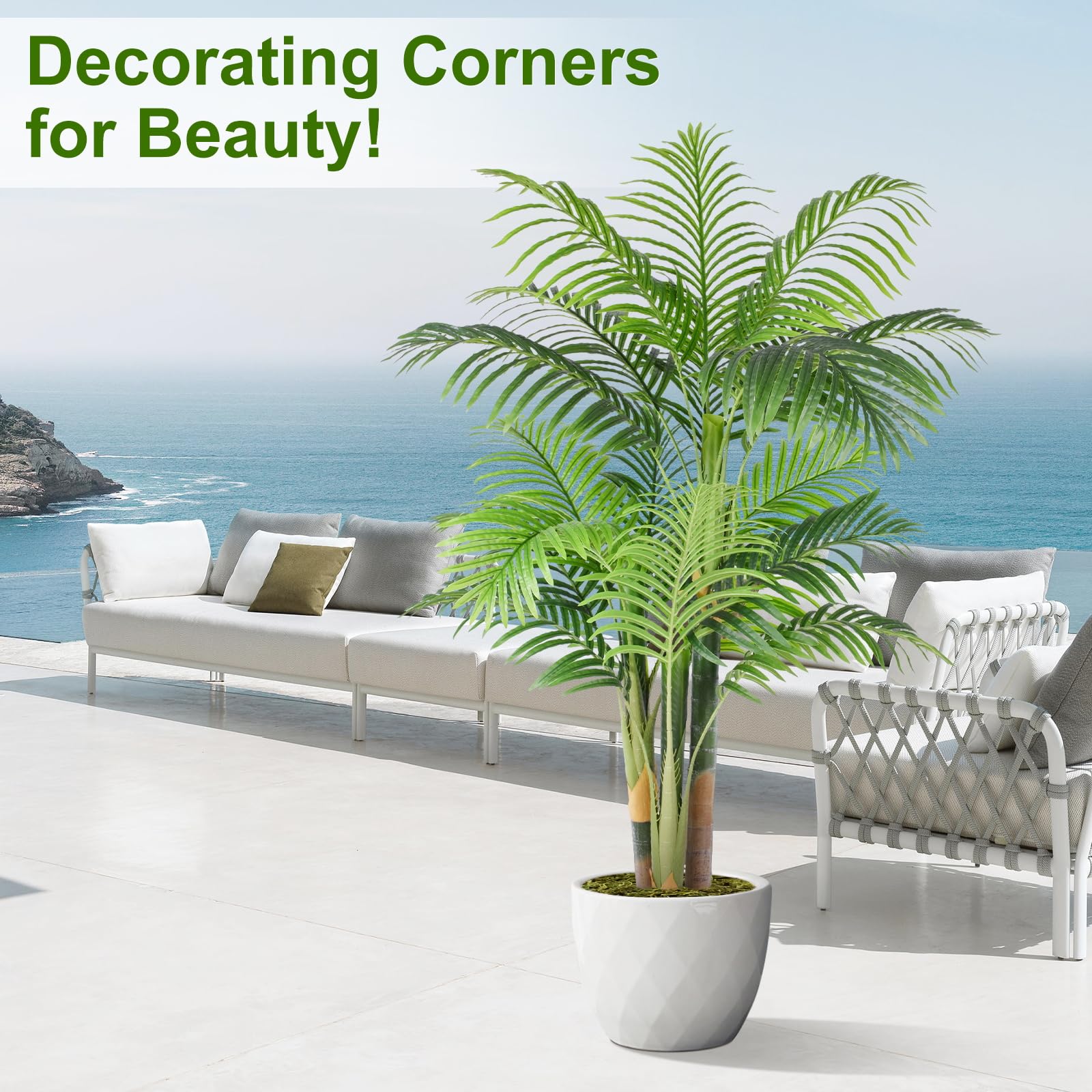 Keeplush 5ft Tall Triple Golden Cane Artificial Palm Tree Outdoor, Large Artificial Plants Outdoor Tree for Living Room Patio Office Home Decor 1PCS