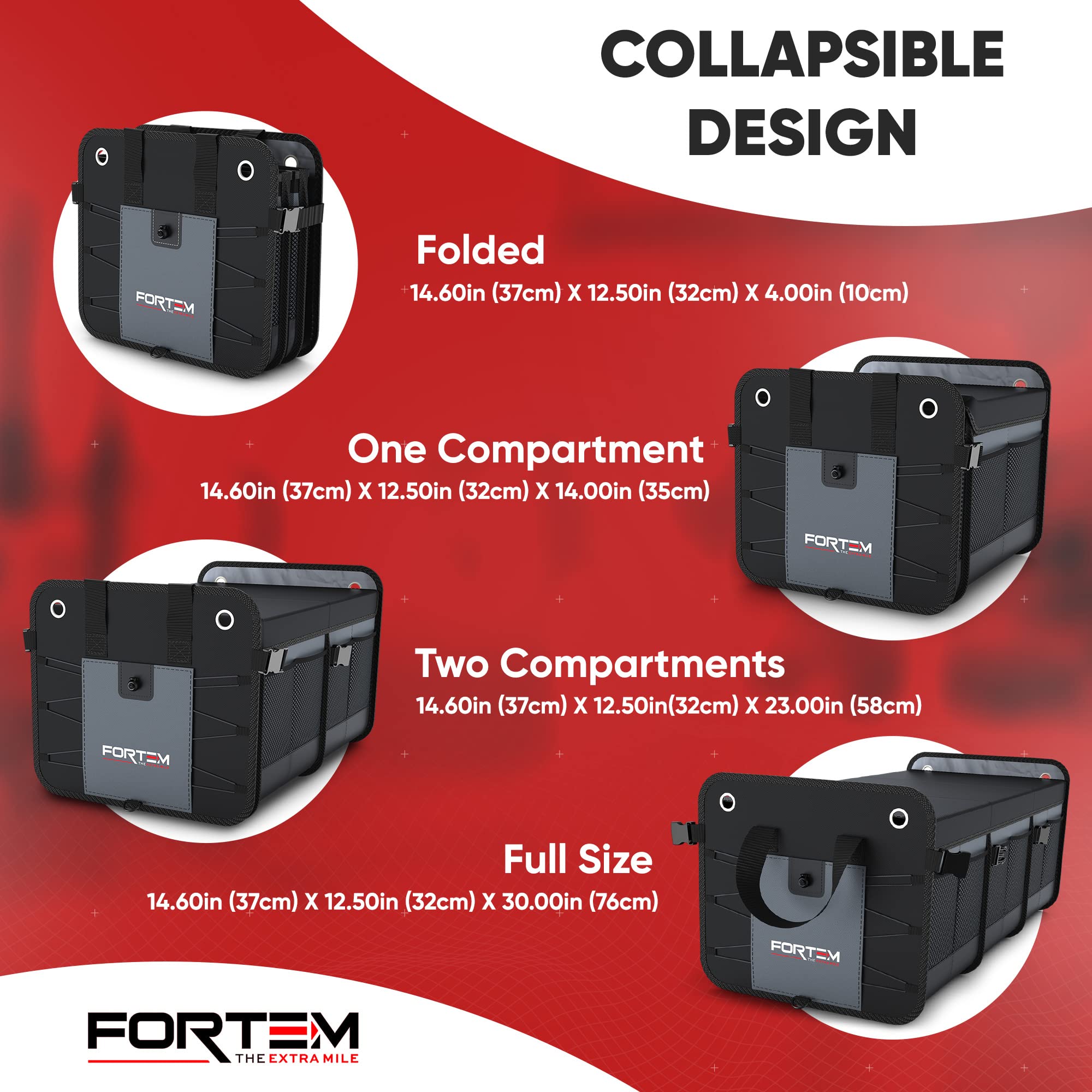 FORTEM Car Boot Organiser, SUV Boot Tidy, Trunk Storage, Collapsible Multi Compartment Car Organiser, Non Slip Bottom, Adjustable Securing Straps, Foldable Cover (65L)