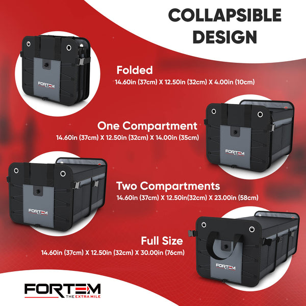 FORTEM Car Boot Organiser, SUV Boot Tidy, Trunk Storage, Collapsible Multi Compartment Car Organiser, Non Slip Bottom, Adjustable Securing Straps, Foldable Cover (65L)