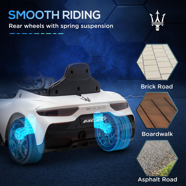 Maserati MC20 Licensed 12V Kids Electric Car with Slow Start, Remote Control, Music, LED Lights, Horn, Spring Suspension, for 3-6 Years, White