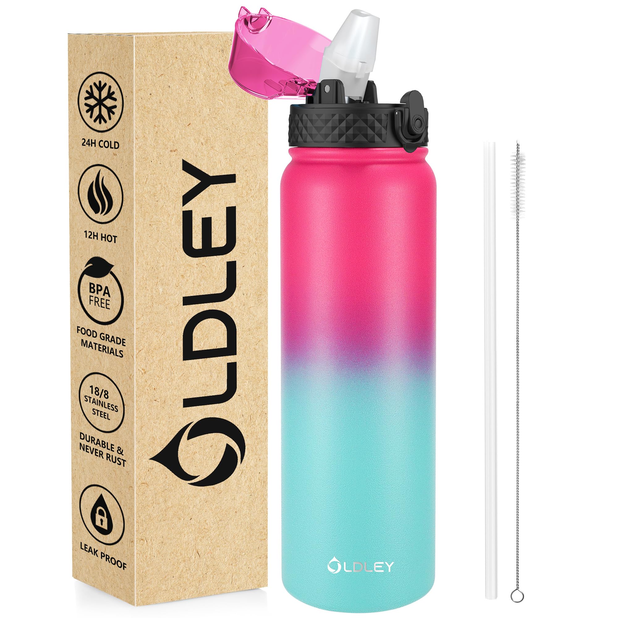 OLDLEY Stainless Steel Water Bottle with Straw 1L Vaccum Insulated Large Drink Flask Metal Water Bottles 1 Litre Leakproof Keep Drinks Hot Cold for Sports Gym with Different Lids(Purple Green, 3 Lids)
