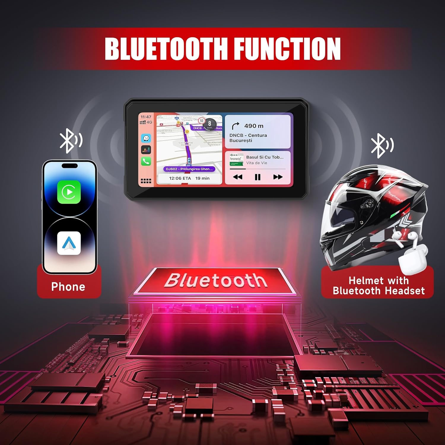 Motorcycle Carplay Screen with Bluetooth, 6 Inch Touchscreen Wireless CarPlay & Android Auto Airplay Screen for Moto GPS Navigation for Motorbike Waterproof, Voice Control, Voice Assistant, TF