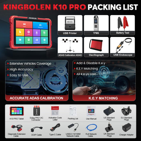 KINGBOLEN K10 PRO Car Diagnostic Tool,OE-Level Full System Bidirectional Scan Tool with ECU Coding,Topology Mapping,50+ Resets,V.A.G Guide,FCA,Can FD And DOIP,2 Years Update.