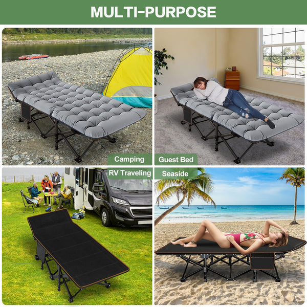 Meulbaty Oversized Folding Camp Bed with Mattress - 46cm Wide, 400KG Heavy Duty Steel Frame and Oxford Cloth, 198x81x46 cm Camping Cot, Great for Adults, Garden and Trip (XXL Black)