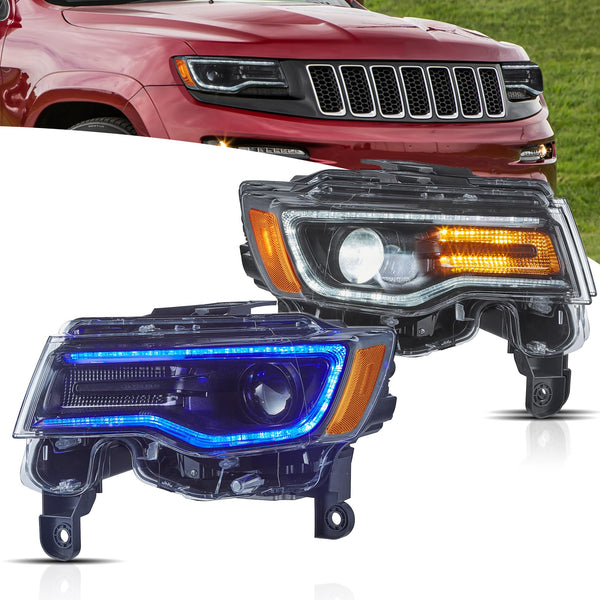 VLAND Full LED Headlights compatible with Grand Cherokee WK2 2014-2021,w/Startup dynamic display & Sequential Indicator, For Right hand drive - Black Housing