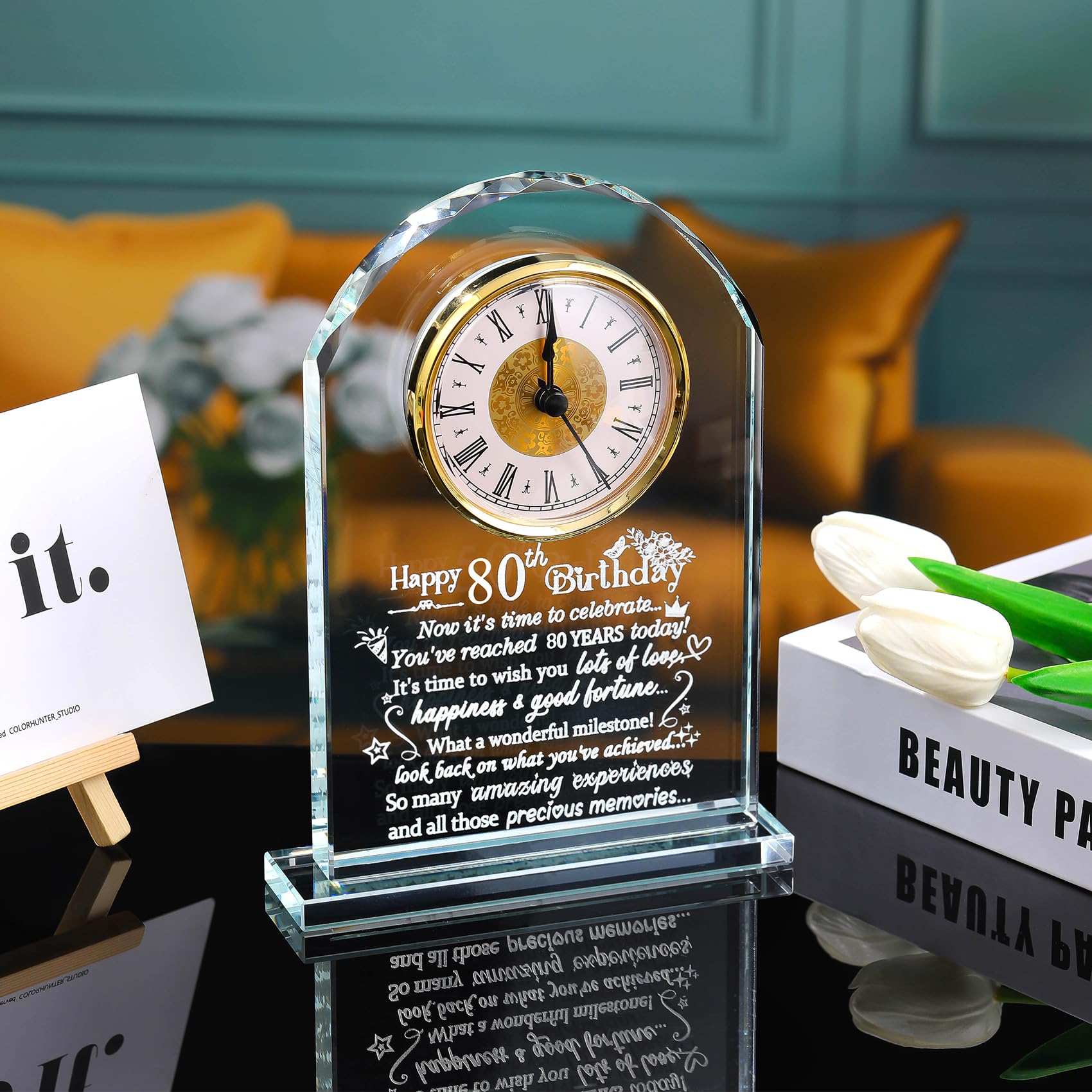 Happy 80th Birthday Quartz Clock Gifts for Women, Glass keepsake 80 Years Old Birthday Gifts for Parents, Birthday Presents for Grandma Turning 80