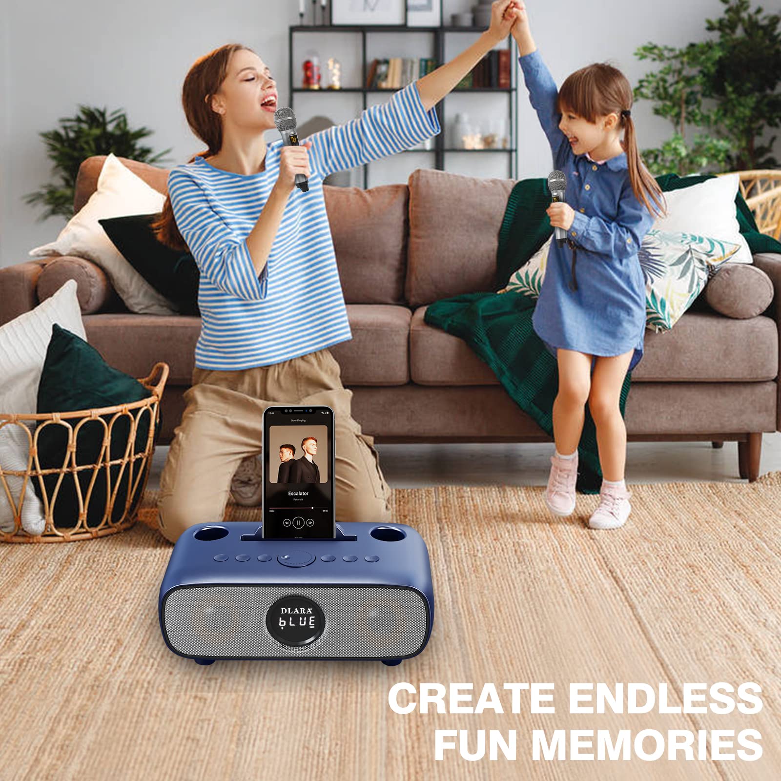 Upgrade Karaoke Machine for Adults and Kids,Portable Bluetooth 2 UHF Wireless Karaoke Microphone with Holder/USB/TF Card/AUX-in,PA Speaker System for Home Party, Picnic,Car,Outdoor/Indoor-Grey