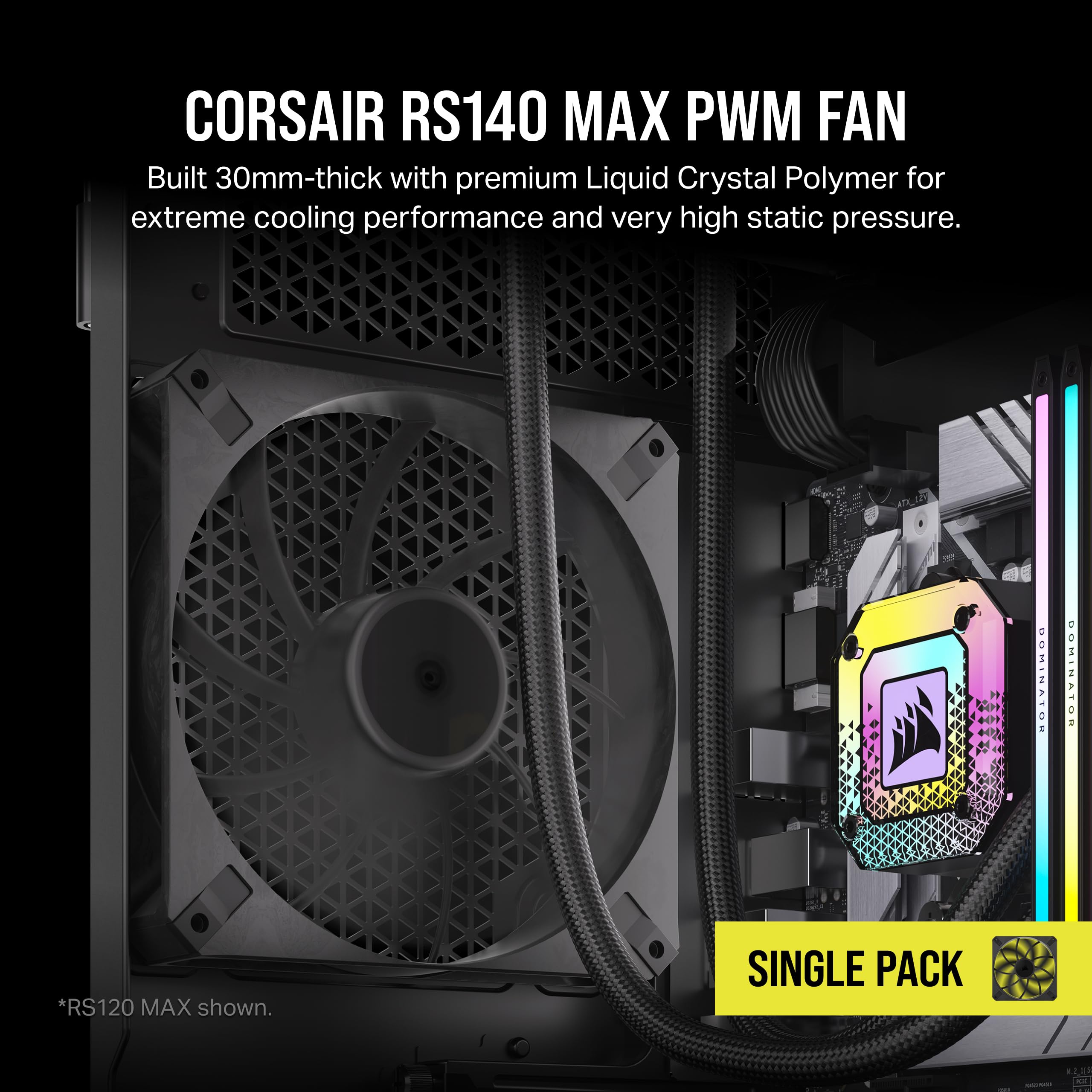 Corsair RS120 MAX 120mm PWM Thick Fans – High Static Pressure – Liquid Crystal Polymer Construction – Triple Pack – Black