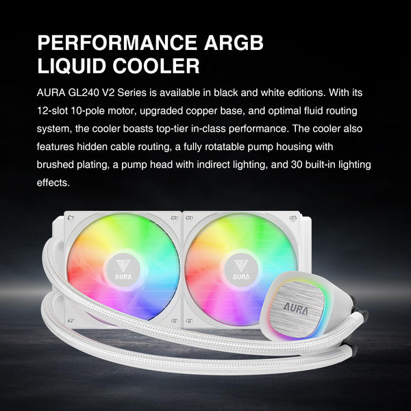 GAMDIAS AURA GL240 V2 AIO, 240mm CPU Liquid Cooler, Easy Cable Routing Design, Rotatable Performance Pump, 2 x 120mm Low-Noise PWM ARGB Fan w/ MB Sync, AMD AM5/AM4；Intel LGA 1851/1700/115x/1200, White