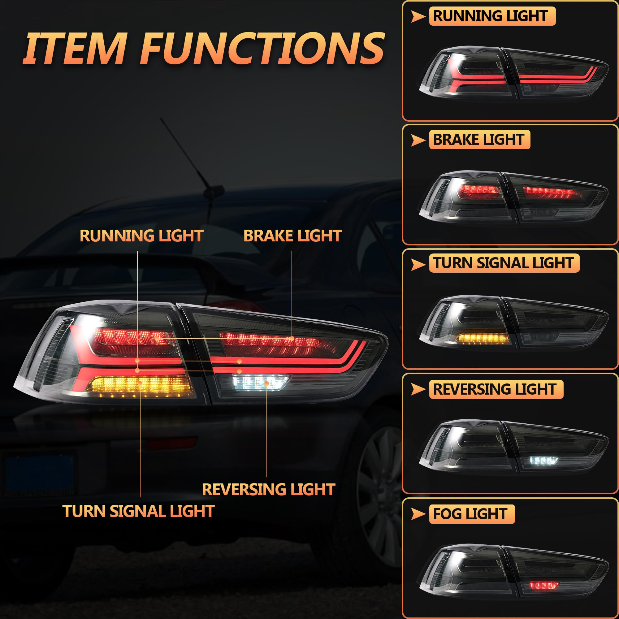 VLAND LED Rear Lights compatible with Lancer & EVO X 2008-2020 (Not Fit fortis/io), w/Sequential indicator, Driver & Passenger Side (Smoked dynamic 2)