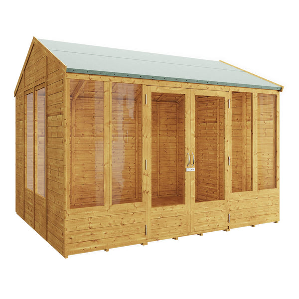 BillyOh Petra 12x10 Reverse Apex Summer House Shed, Log Cabin | Wooden Garden Room with Wide Double Doors, Tear Resistant Felt, Tongue and Groove Construction | Versatile Tiny Home or Garden Office