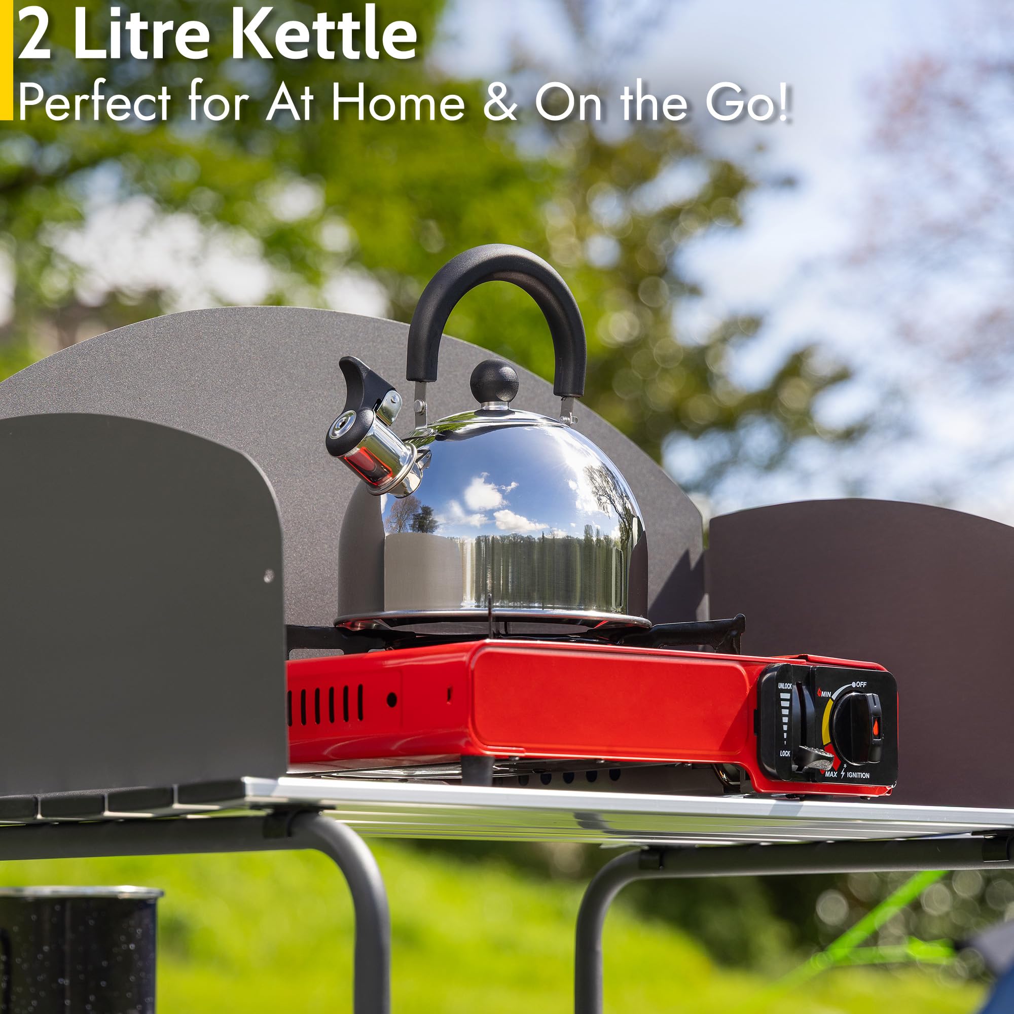 Trail 2L Whistling Camping Kettle, Polished Stainless Steel, Durable & Lightweight, Easy Pour Spout, Folding Heat Resistant Handle, Fast Boil Travel Kettle, Outdoor Fishing Hiking, 15cm x 18cm, 0.42kg