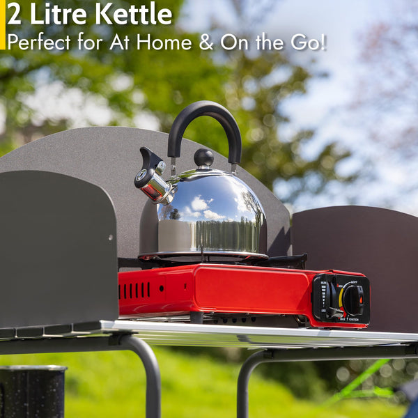 Trail 2L Whistling Camping Kettle, Polished Stainless Steel, Durable & Lightweight, Easy Pour Spout, Folding Heat Resistant Handle, Fast Boil Travel Kettle, Outdoor Fishing Hiking, 15cm x 18cm, 0.42kg