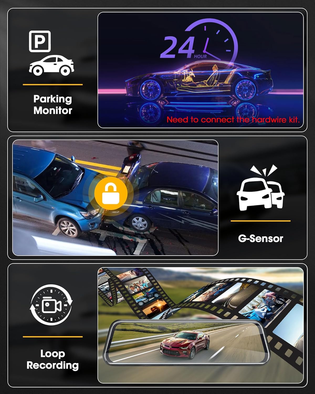 【Upgraded】10 Inch Mirror Dash Cam Night Vision 1080P Full Touch Screen Dual Dash Cam Front and Rear Camera Car Rear View Mirror Loop Recording 170° Wide Angle Parking Assistance