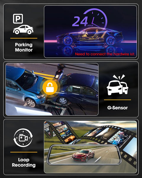 【Upgraded】10 Inch Mirror Dash Cam Night Vision 1080P Full Touch Screen Dual Dash Cam Front and Rear Camera Car Rear View Mirror Loop Recording 170° Wide Angle Parking Assistance