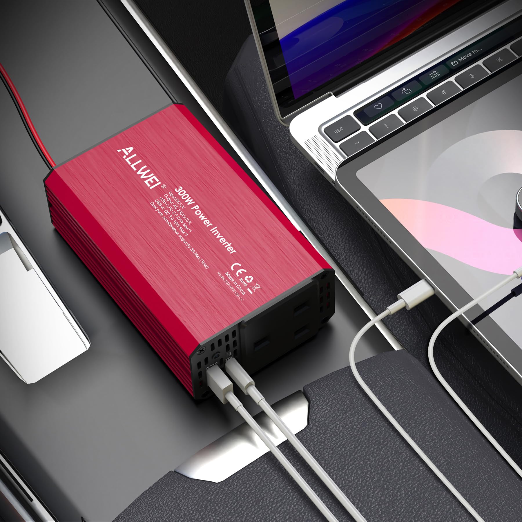 ALLWEI 300W Car Power Inverter with 27W USB-C and 3.0 USB Port - DC 12V to 240V / 230V AC Power inverters for Vehicles Converter Fast Charging Ports Car Charger Adapter (Red)