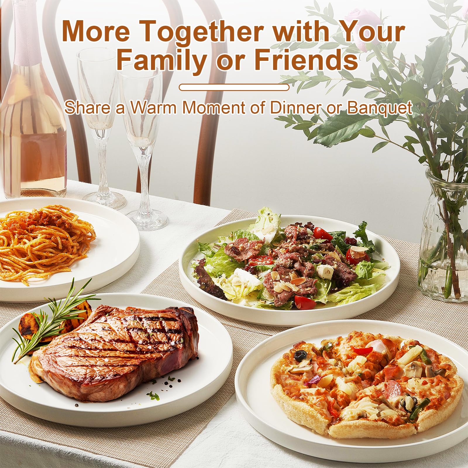 Jassceram 10.5 Inch Dinner Plates, Ceramic Flat Plates for Dining and Kitchen, High Edge Modern Plates - Microwave, Oven and Dishwasher Safe, Scratch