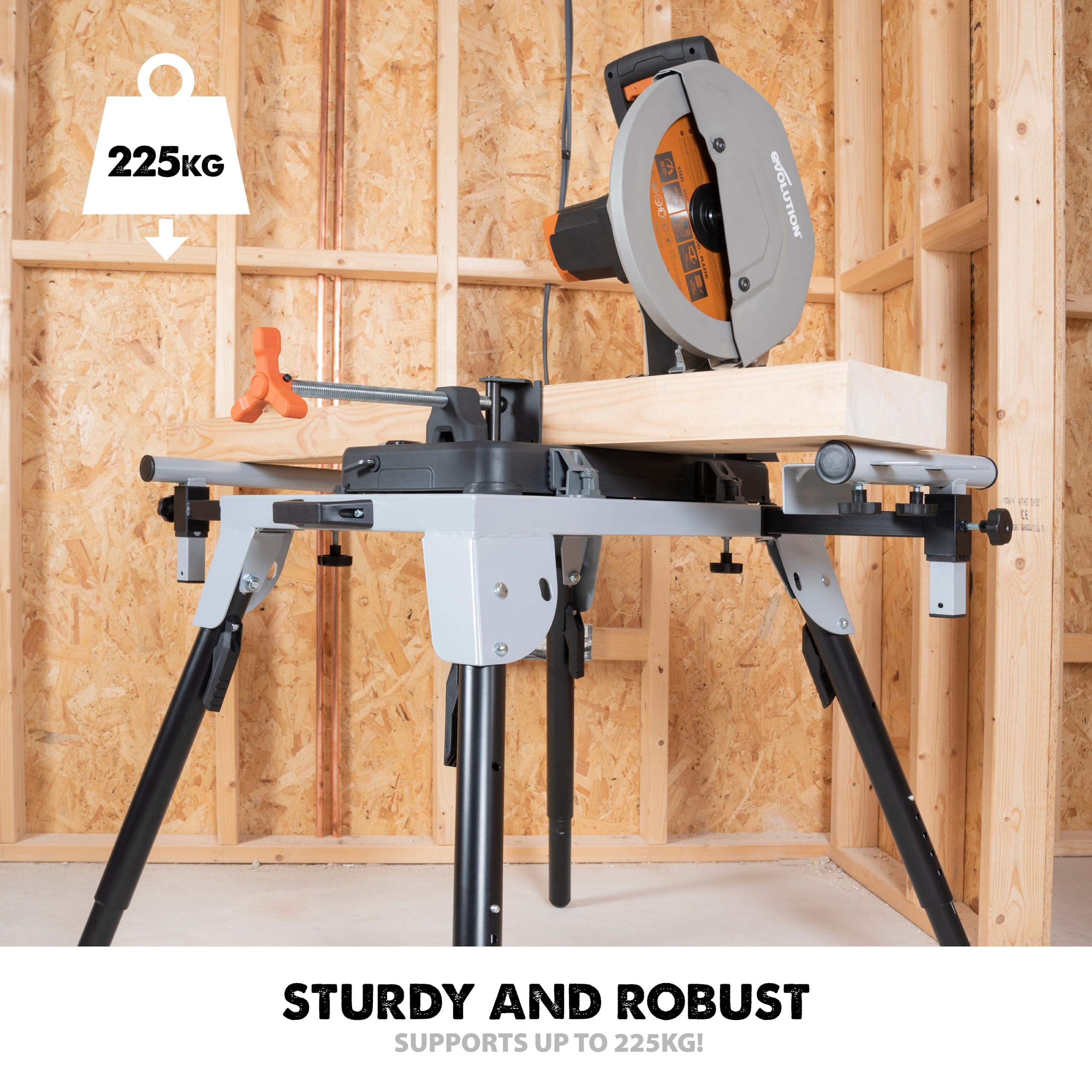 Evolution Power Tools EVOMS1 Mitre Saw Stand, Universal Compact Folding with Extending Support Arms, Fits Evolution, Makita, DeWalt, Bosch, Ryobi, Einhell and Metabo, Supports 150kg Weight & 3m Length
