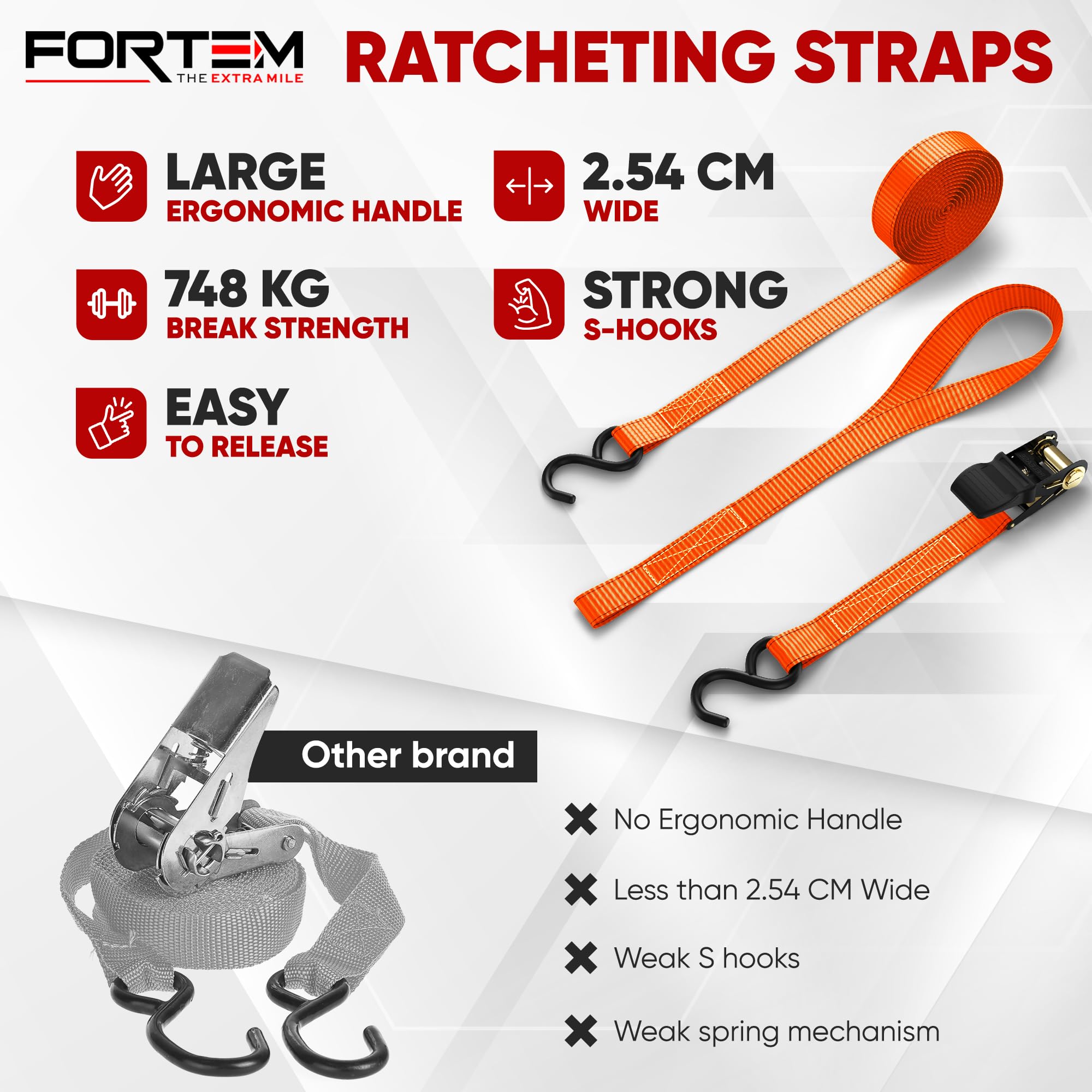 FORTEM Ratchet Straps, 748kg Break Strength, 4 Pack 4.6m x 2.54cm Tie Down Strap Set, 4 Soft Loops, Motorcycle Straps Tie Downs, Cargo Cam Buckles, Rubber Handles, Carry Bag