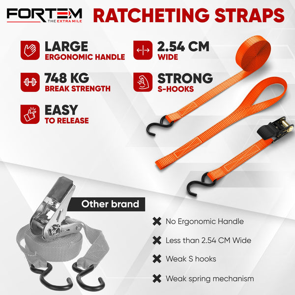 FORTEM Ratchet Straps, 748kg Break Strength, 4 Pack 4.6m x 2.54cm Tie Down Strap Set, 4 Soft Loops, Motorcycle Straps Tie Downs, Cargo Cam Buckles, Rubber Handles, Carry Bag
