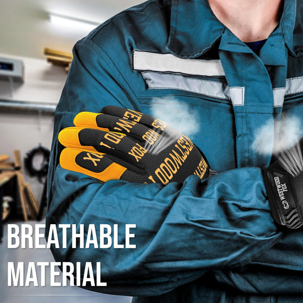 WESTWOOD FOX Gardening Working Gloves Garden Thorn Proof Flexible Heavy Duty Leather Mechanic Utility Dexterity Breathable Construction Gloves for Work Mens Women (Metallic Orange, L)