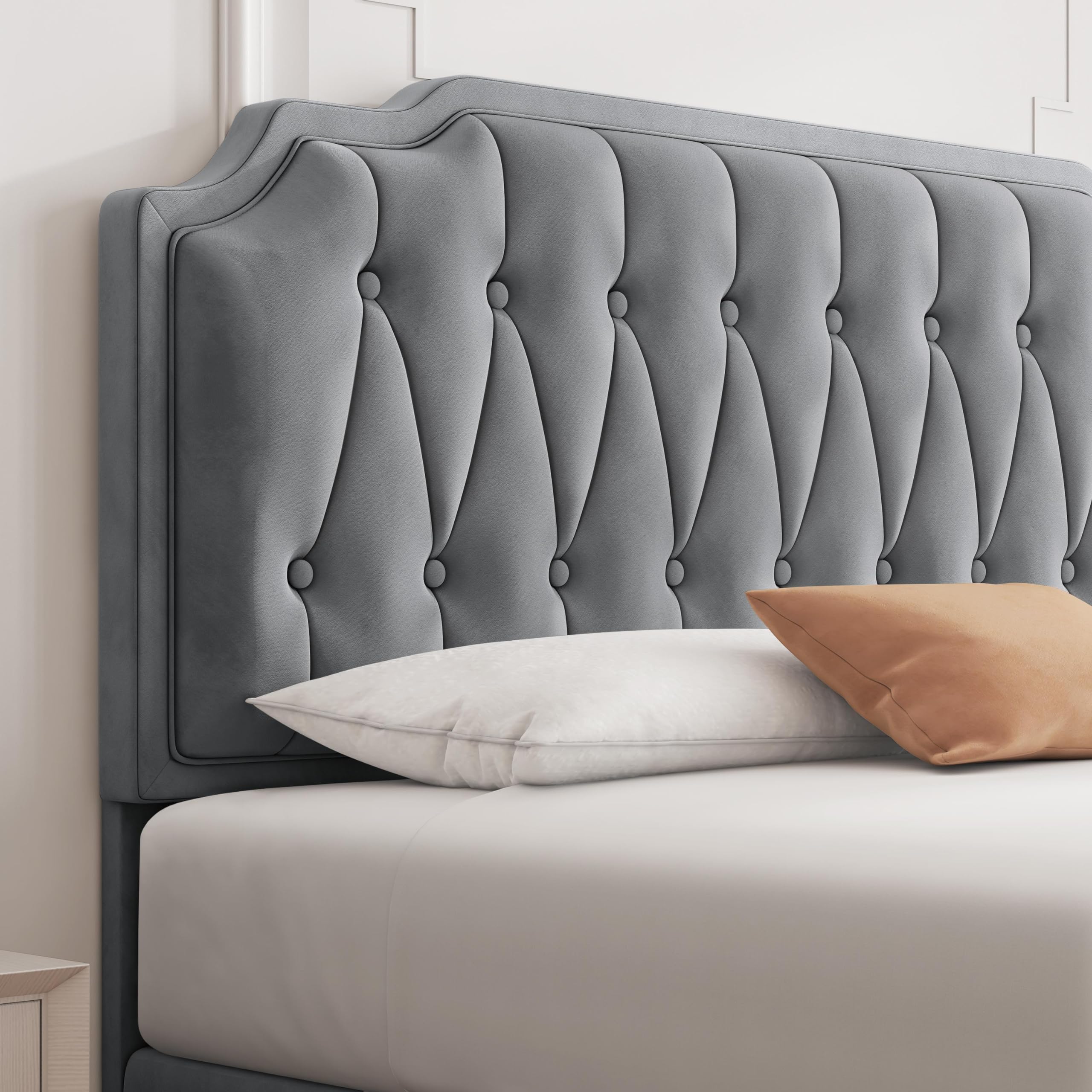 Yaheetech 5ft King Bed Frame Upholstered Platform Bed with Adjustable Button Tufted Headboard/Velvet Fabric/Sturdy Wooden Slat Support/No Box Spring Needed, Dark Grey King Bed