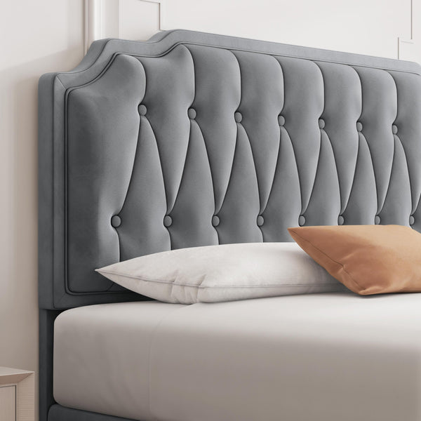 Yaheetech 5ft King Bed Frame Upholstered Platform Bed with Adjustable Button Tufted Headboard/Velvet Fabric/Sturdy Wooden Slat Support/No Box Spring Needed, Dark Grey King Bed