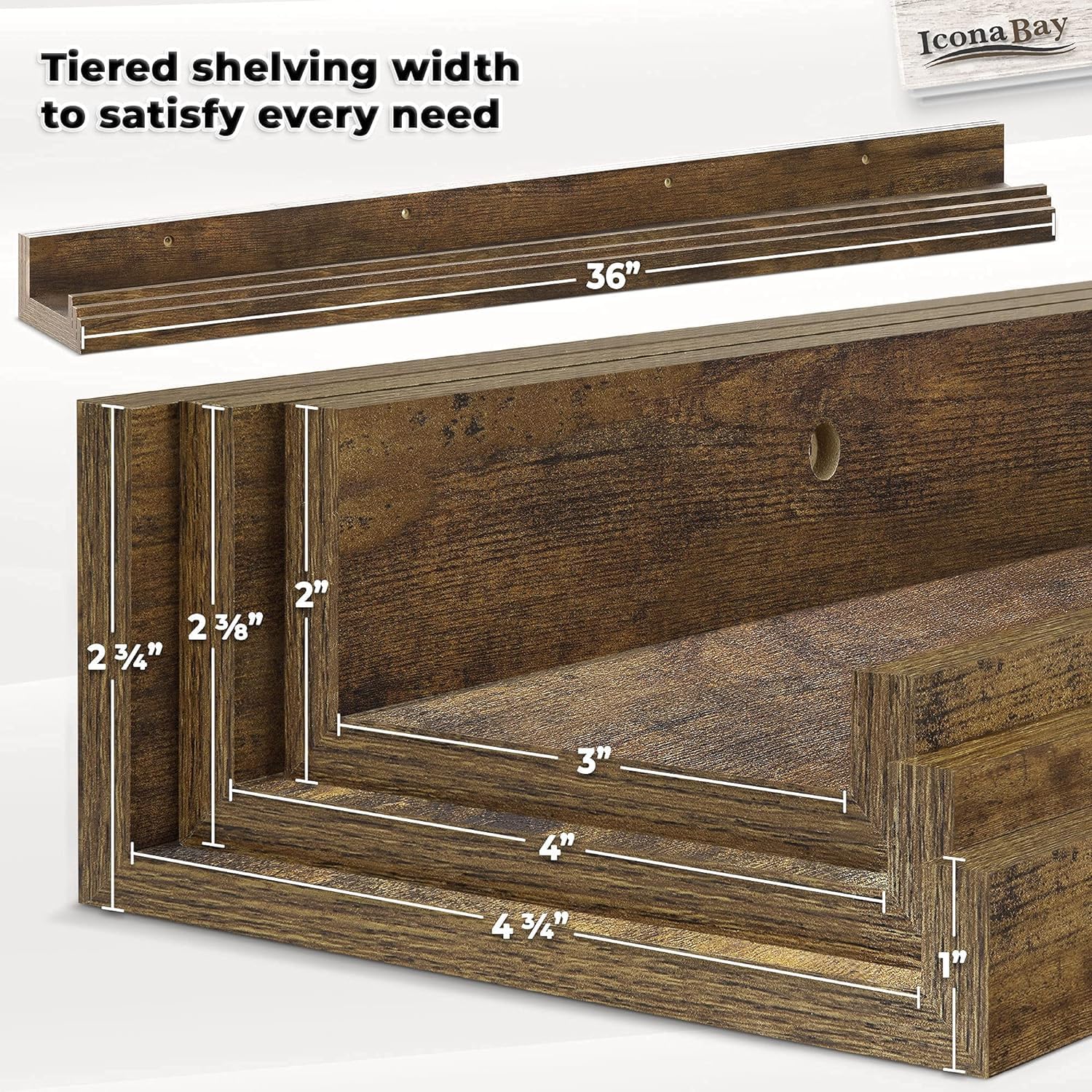 Icona Bay 36 Inch (91 cm) Floating Shelves for Wall, Set of 3 in Walnut Brown, Modern Rustic Style, Wall Mounted Display Shelves, Picture Ledges