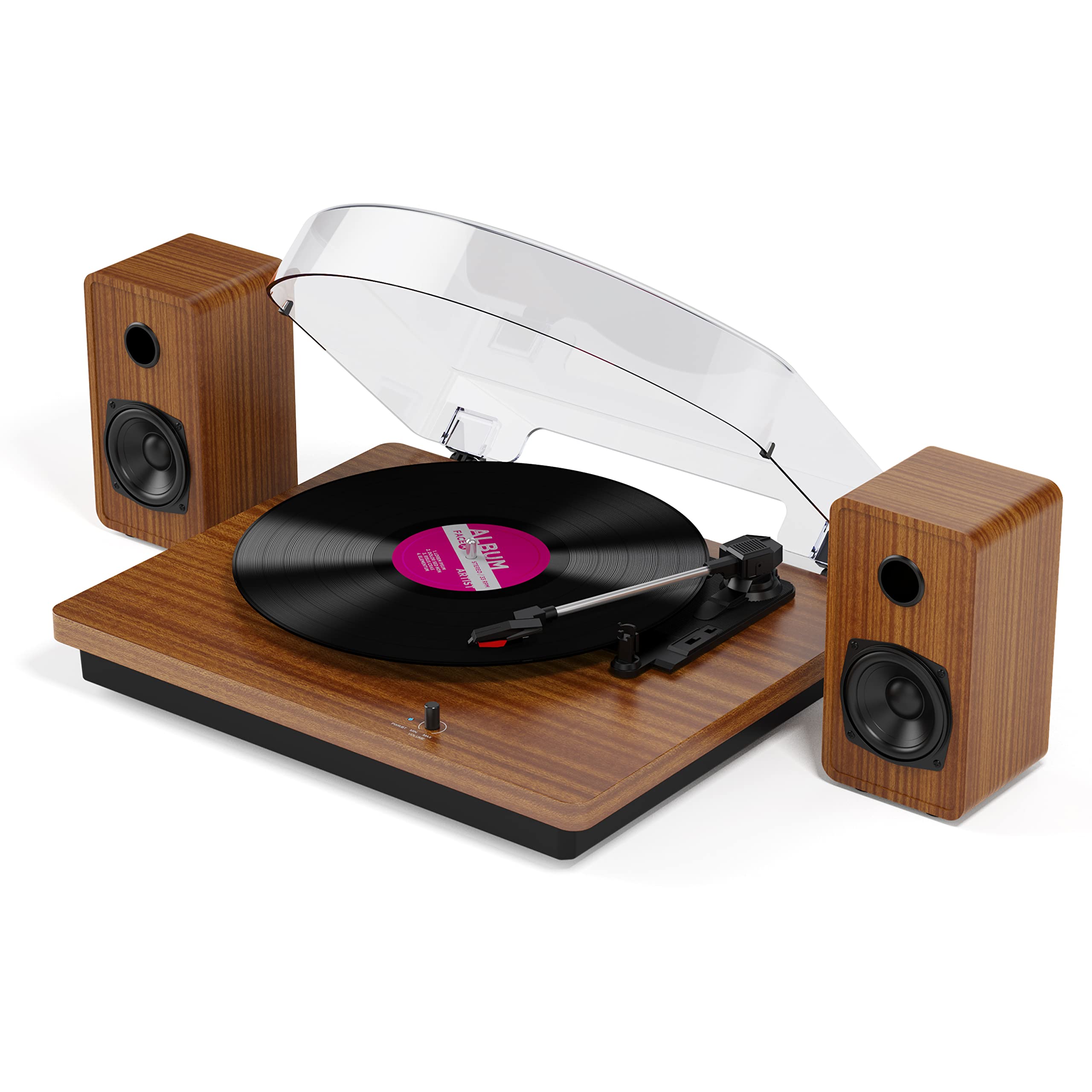 Retro Vinyl Record Player Bluetooth Desktop Phonograph Belt-Drive Turntable with External Speakers,Dual Stereo Speakers LP Players AUX Headphone Input RCA Out, 3 Speeds 3 Sizes Wood Brown
