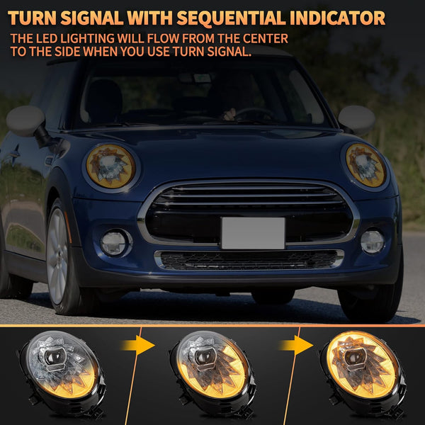 VLAND Full LED Headlight Compatible with Mini Clubman F54 & F55 F56 Hatch F57 convertible halogen 2014-2020, w/sequential indicator, Driver & Passenger Side, RHD