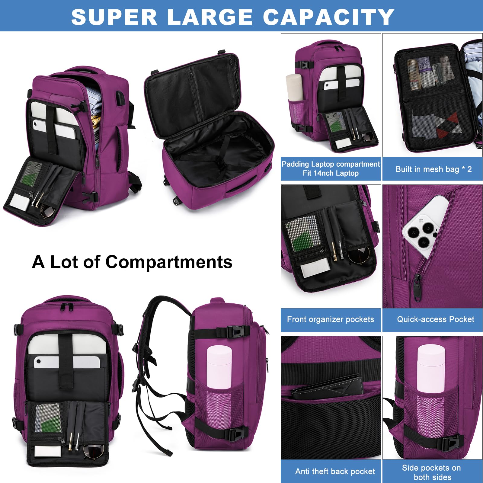 Cabin Bags 40x20x25 for Ryanair Underseat 20L Small Travel Hand Luggage Backpack Carry-ons Bag Cabin Size for Airplanes Flight Bag Travel Rucksack Fit 14 Inch Laptop with USB Charging Port-Black