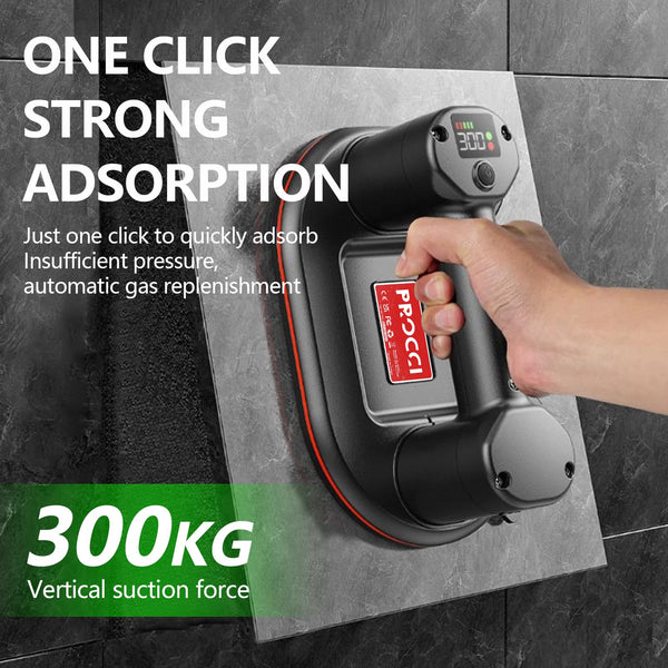 Procci Electric Battery Suction Cup – Cordless Vacuum Lifter for Tiles, Glass, Marble – Dual Motors, 300 KG Suction, LCD Display, 4500mAh Battery, 12h Runtime – for Smooth & Lightly Textured Surfaces
