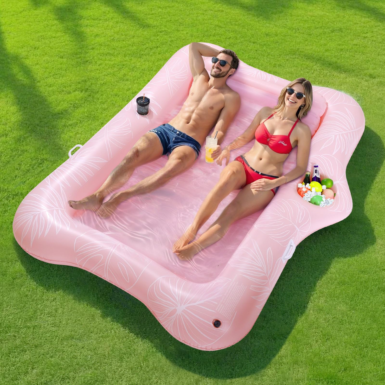 MoKo Pool Floats Adult, Floating Bed with Ice Bar, Tanning Bed Pool Raft Inflatable Lounger with Drink Holder Tanning Chair Inflatable Pool Toys for Party Beach Backyard