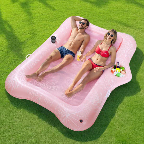 MoKo Pool Floats Adult, Floating Bed with Ice Bar, Tanning Bed Pool Raft Inflatable Lounger with Drink Holder Tanning Chair Inflatable Pool Toys for Party Beach Backyard