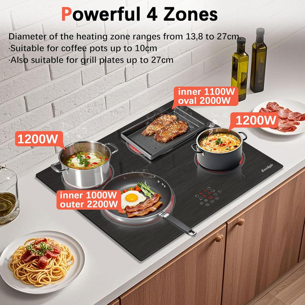 Cooksir Electric Hob 60cm, Ceramic Hob 4 Ring 6700W, Electric Hob 4 Zone with Expandable Dual and Oval Zone, Built-in Hob with Frame, Timer, Safety Lock, 220-240V(No Plug)
