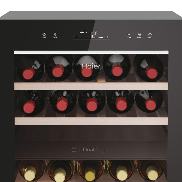 Haier Wine Bank 50 Series 5 Freestanding Wine Cooler, 49 Bottles, Single Zone Temperature, Anti-UV Glass Door, Low Vibration Design, LED Light, hOn App, F Class, Black, 49.7x58.5x82 cm - HWS49GA