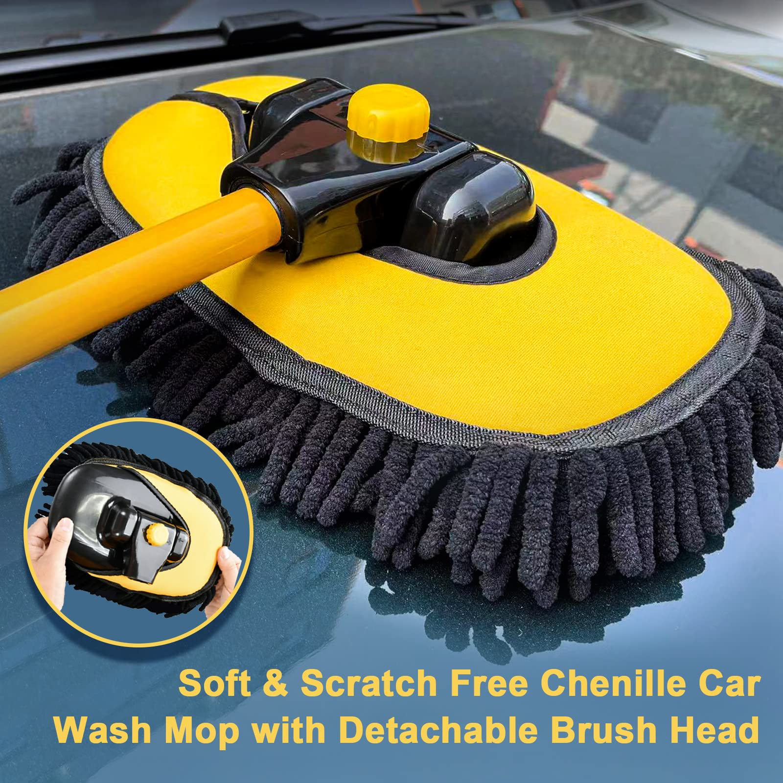 YeewayVeh Car Wash Brush, 43" Extendable Car Wash Brush Mop with Long Handle, 15 Degree Curved Soft Car Cleaning Brush kit with Extra Microfiber Brush Head for Truck SUV Cleaning, Orange