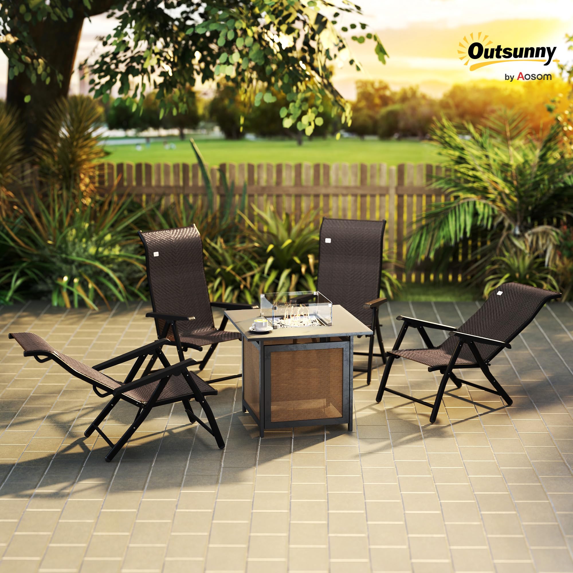 Outsunny Set of 2 Outdoor Wicker Folding Chairs, Patio PE Rattan Dining Armrests Chair set with 7 Levels Adjustable Backrest, for Outdoors, Camping, Brown